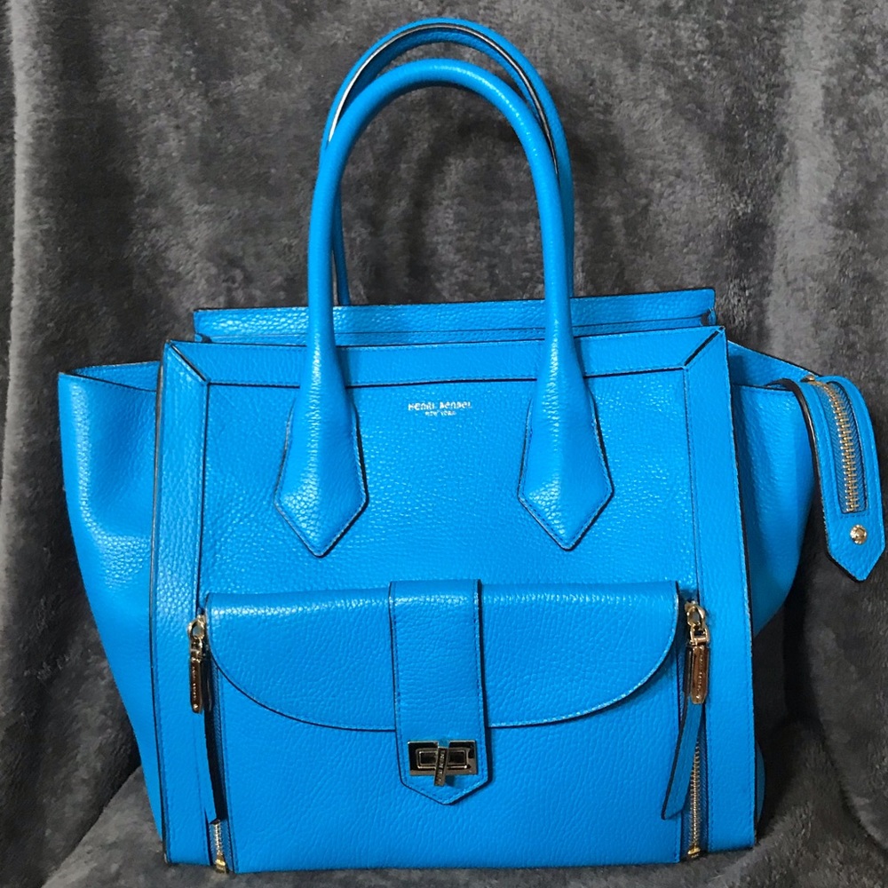 Henri Bendel Blue Satchel with Removable Clutch. 17” H, 10” W